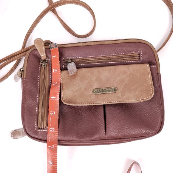 MultiSac Zippy Triple Compartment Two Tone Tan & Wine Adjustable Crossbody EUC - Picture 12 of 13